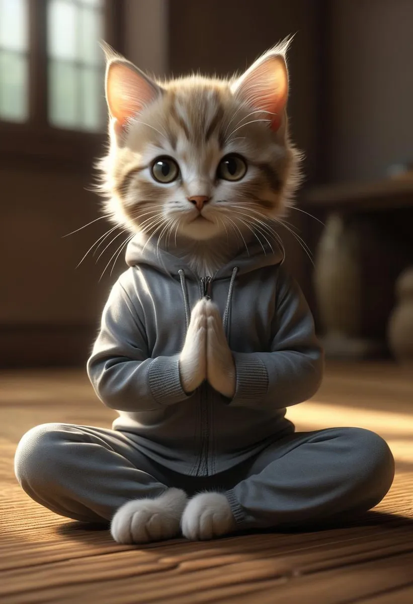 Anthropomorphic kitten in yoga outfit meditating in a cozy studio.