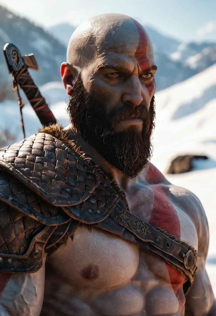 Realistic portrait of a muscular, bearded man with shoulder armor and tattoos, set against a snowy mountain backdrop.