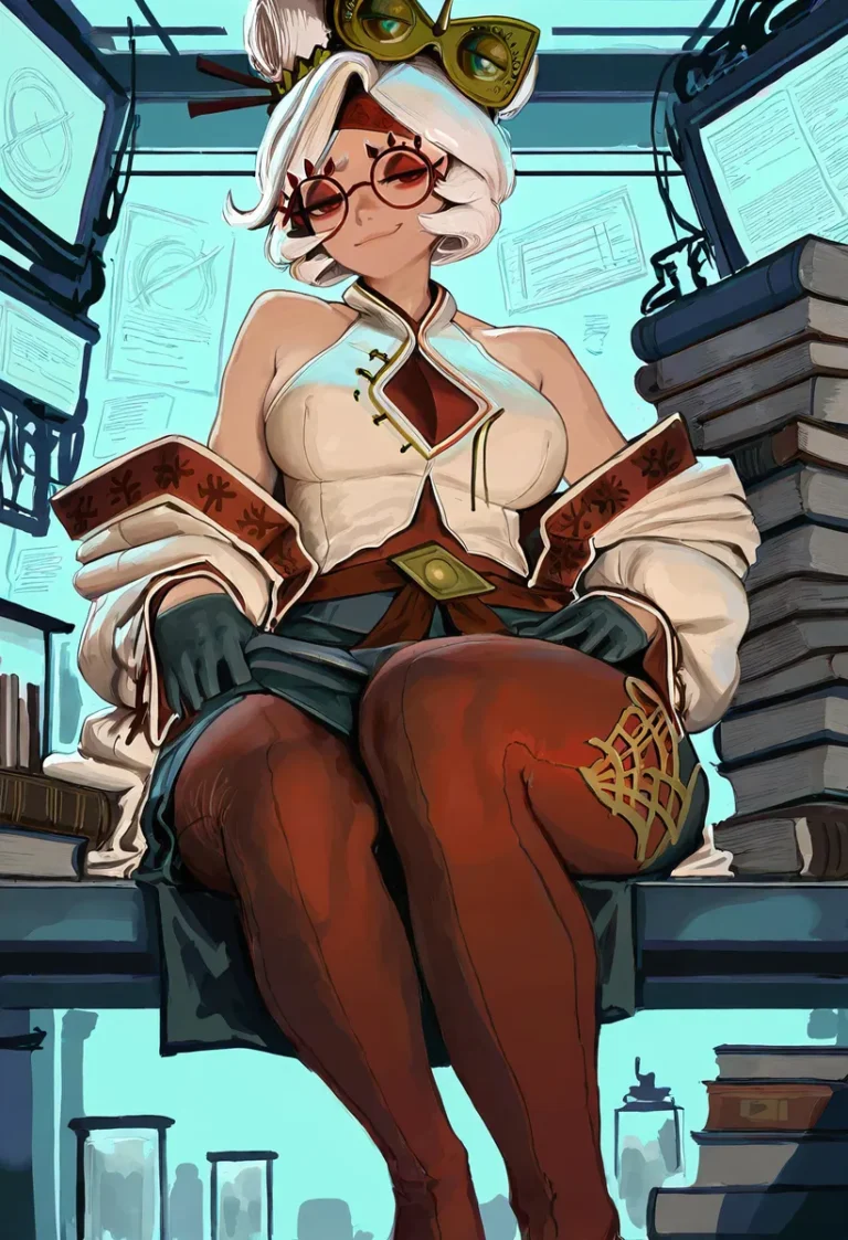 A woman with red glasses and white hair in a laboratory setting, wearing a coat and red leggings, sitting among books with a smug expression.