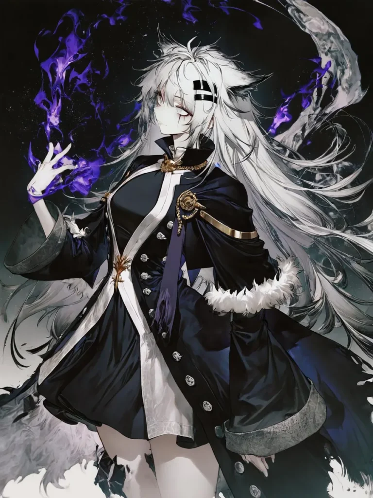 Lappland from Arknights in a detailed, high-resolution illustration, surrounded by purple flames, with long white hair and a dark, ornate coat.