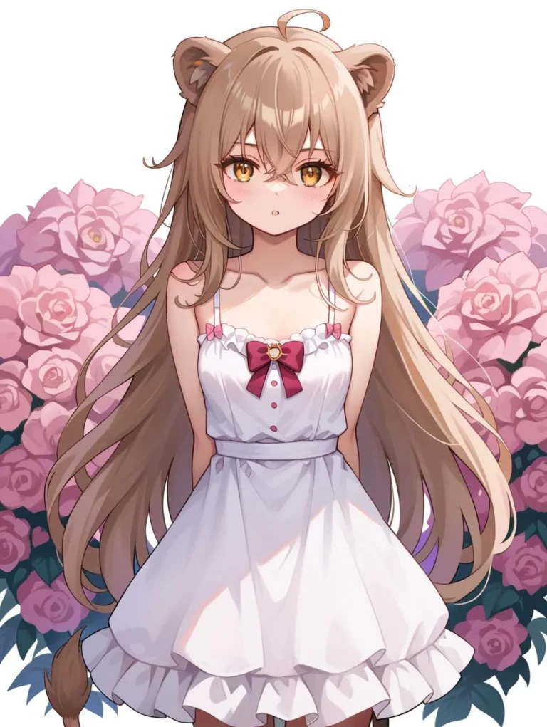 Anime girl with lion ears and tail wearing a white sundress, surrounded by pink flowers.