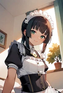 Anime character Mafuyu in maid outfit, sunlit room setting.