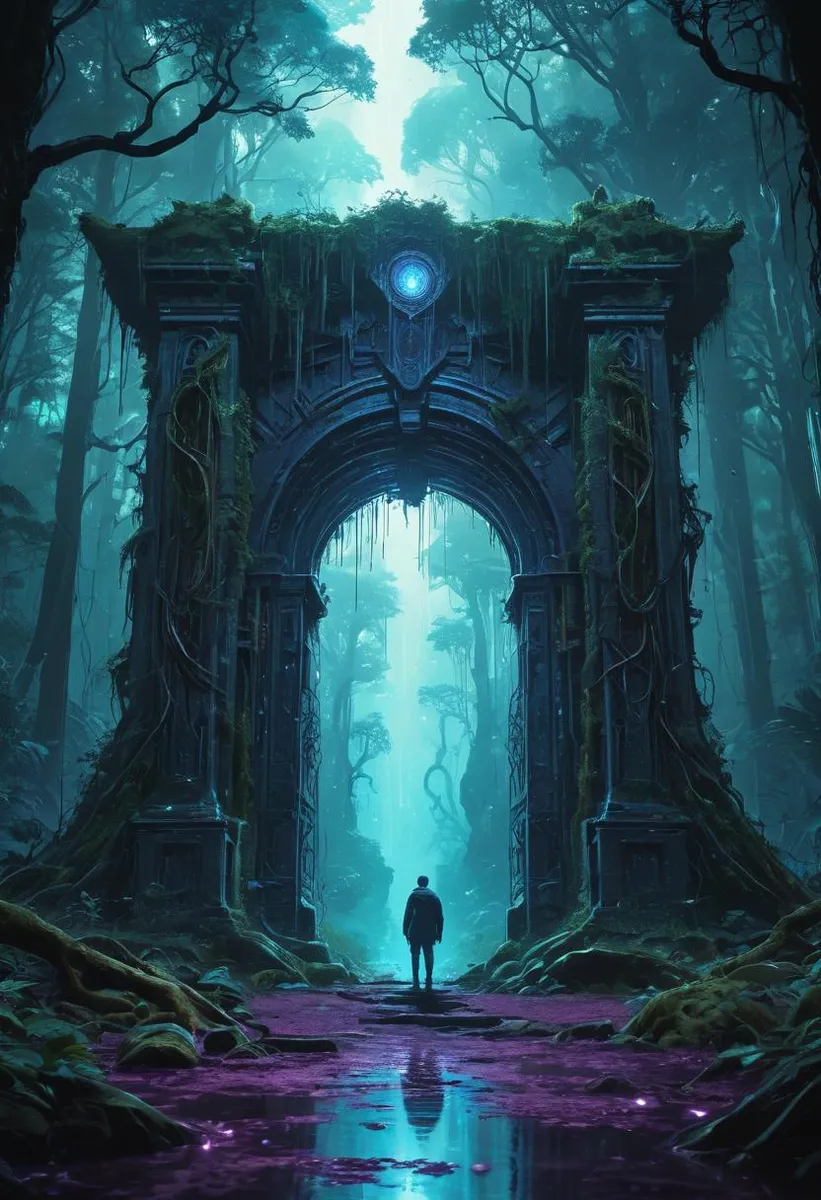 A digital artwork showcasing a mystical gate in a dense forest with blue and purple hues.