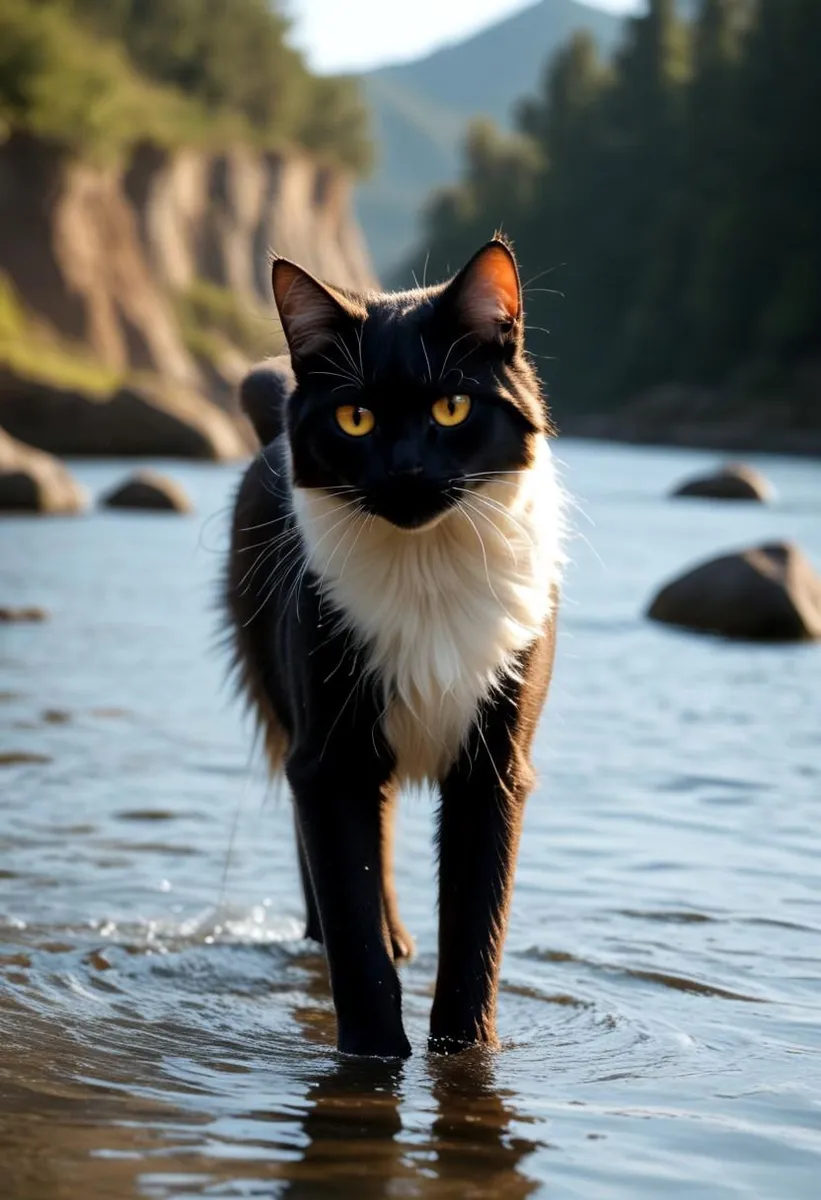 A black and white cat stands in a river with detailed shadows and textures, surrounded by rocks and mountains in the background.