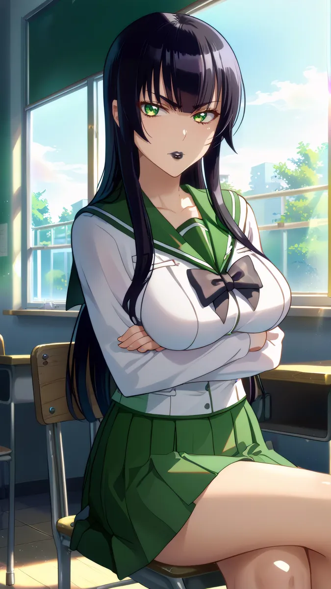 Mature female with long black hair, green eyes, wearing a green school uniform with an evil smirk, sitting in a classroom with crossed legs.