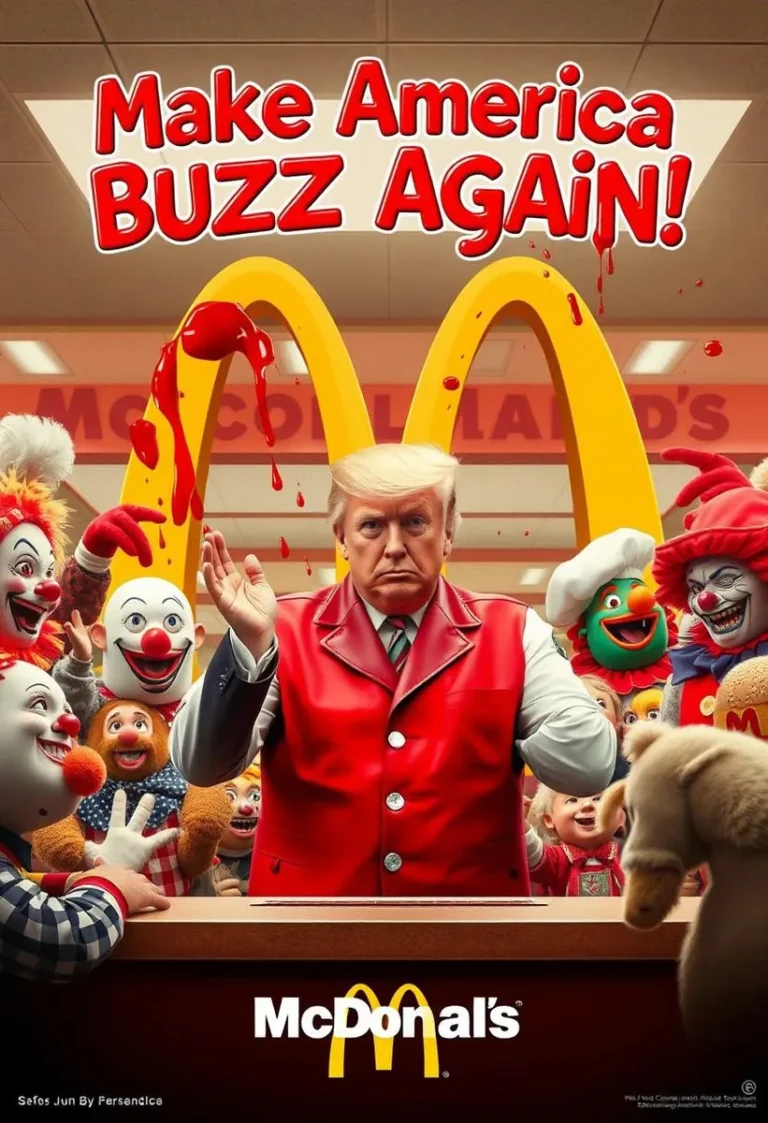 マクドナルドのカウンターでピエロと「Make America Buzz Again」というスローガンがあるドナルド・トランプ。