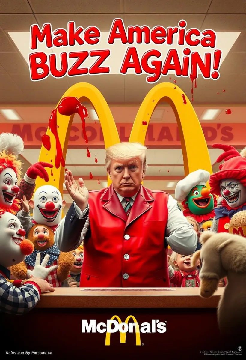 Donald Trump at McDonald's counter with clowns and a 'Make America Buzz Again' slogan.