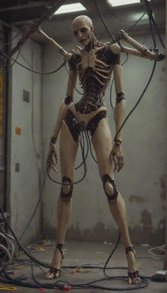 Creepy mechanical humanoid with extra limbs and cables.