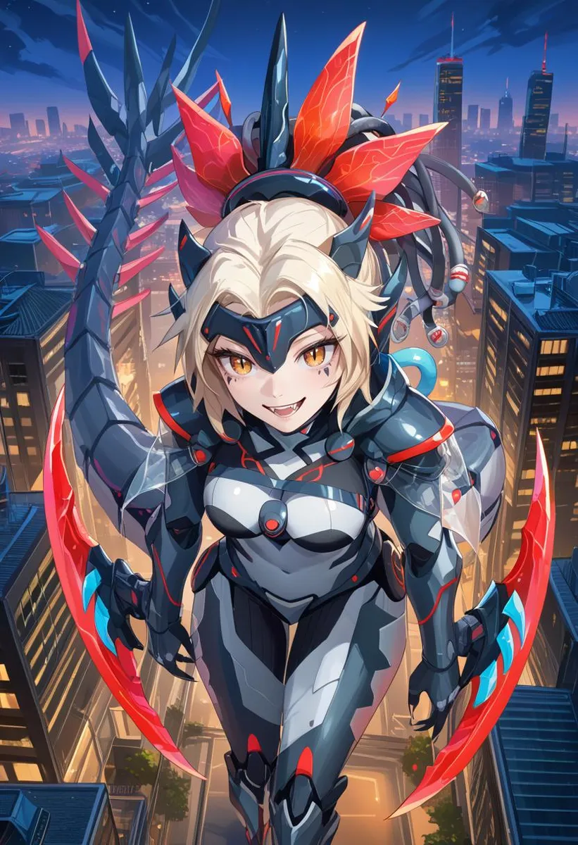 Anime-style mecha dragon girl with mechanical features on a rooftop, surrounded by a cityscape at night.