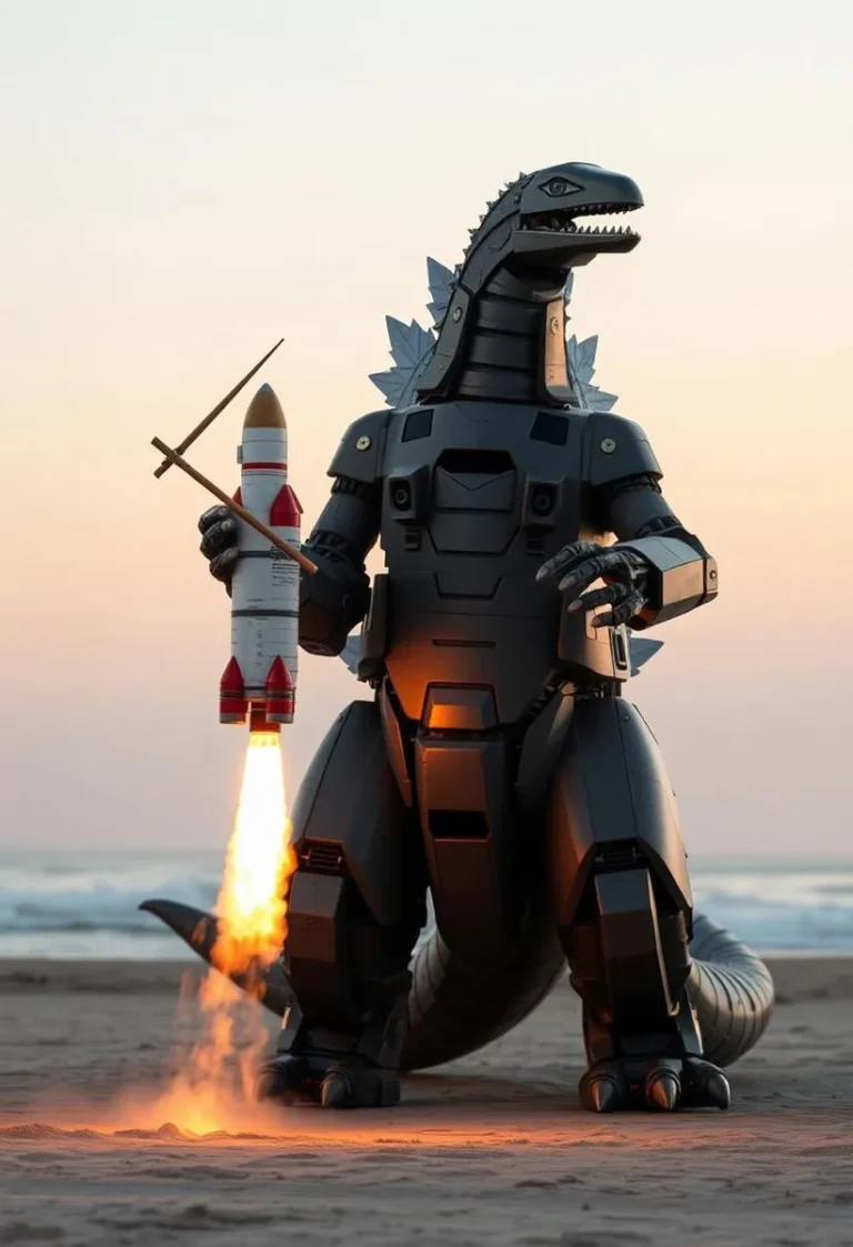 A robot Godzilla named Mechazilla uses chopsticks to catch a space rocket on a Texas beach at sunrise, with the ocean in the background.