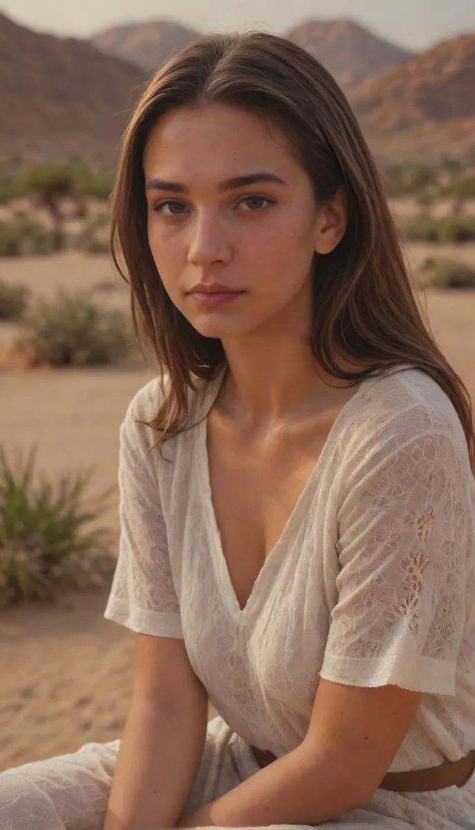 A cute girl in deep meditation, sitting cross-legged in a desert oasis with flowers, captured in a dynamic angle and high-quality texture.