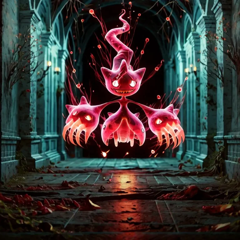 Cinematic depiction of Mega Banette floating in a creepy, dark hallway with a blurred background.