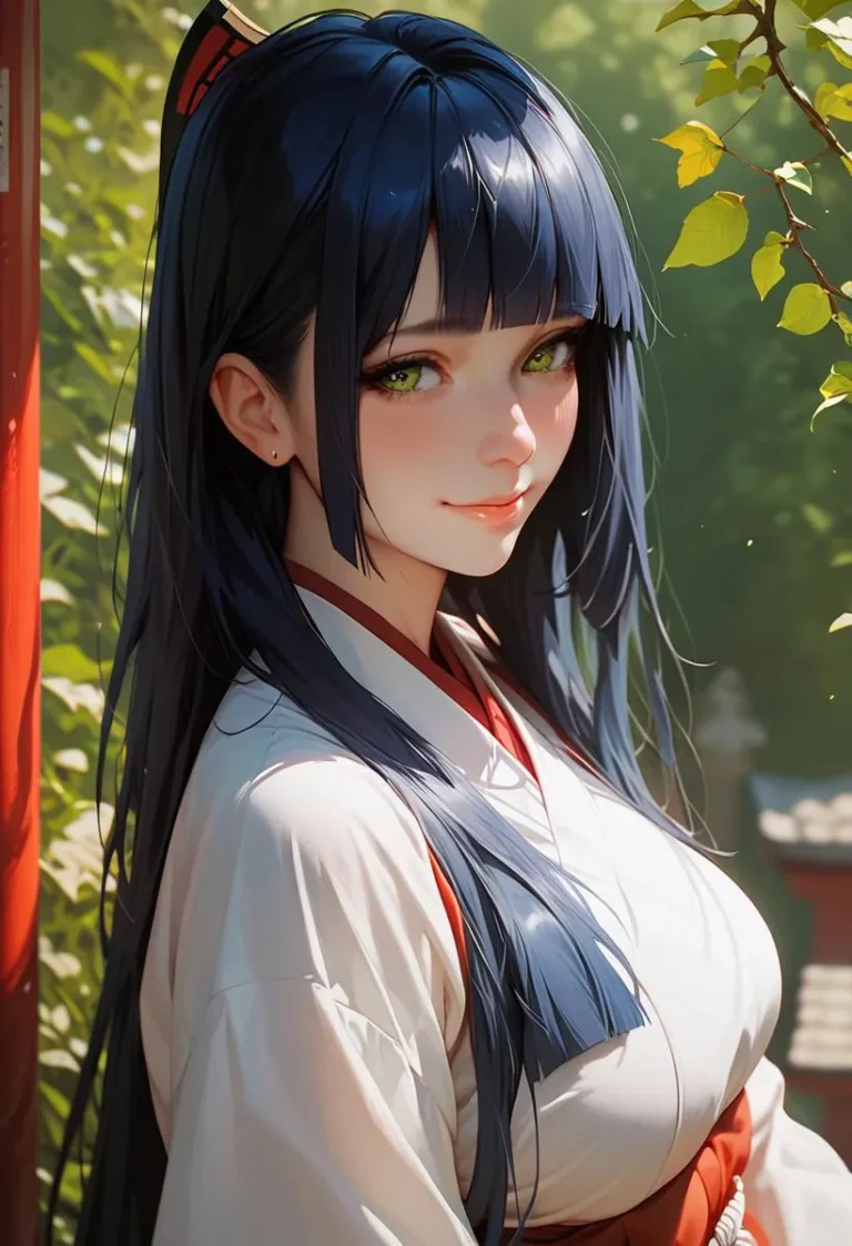 Anime girl with dark blue hair in a miko outfit standing at a Japanese shrine.