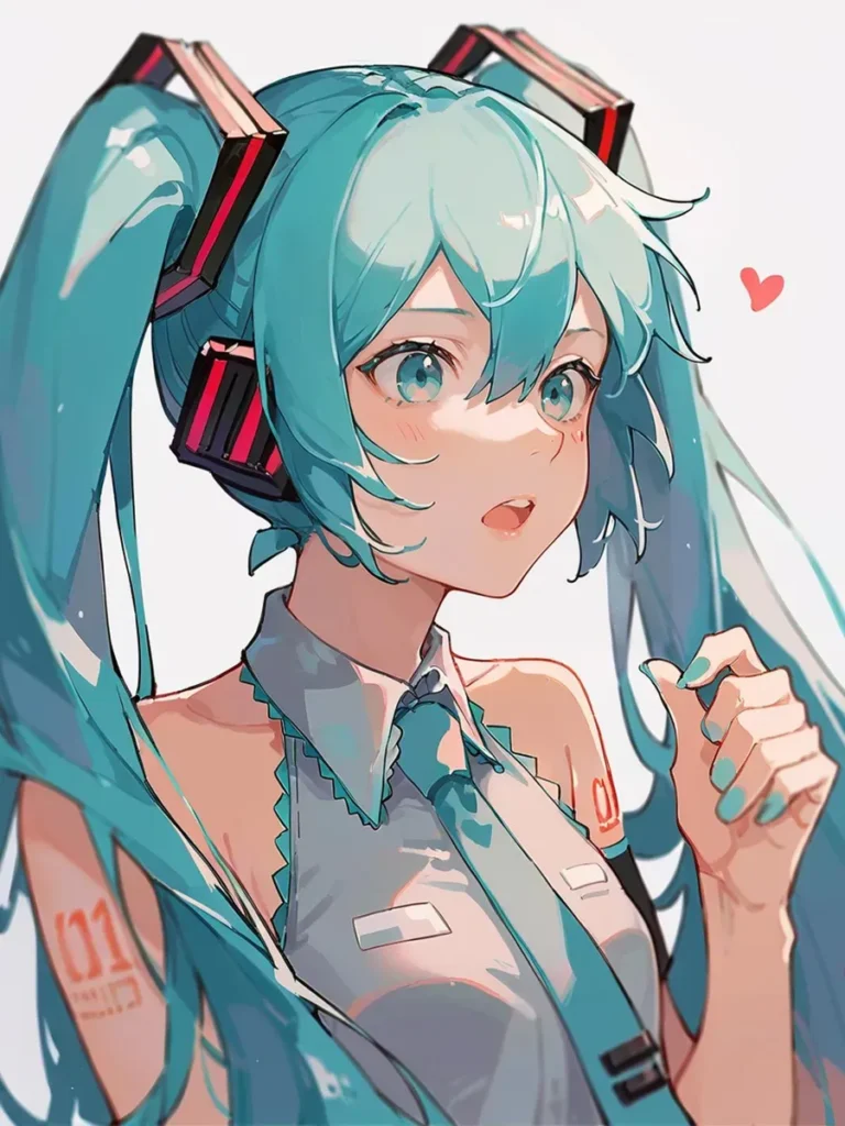 ツインテールと未来的な衣装を着た初音ミクのデジタルアート。