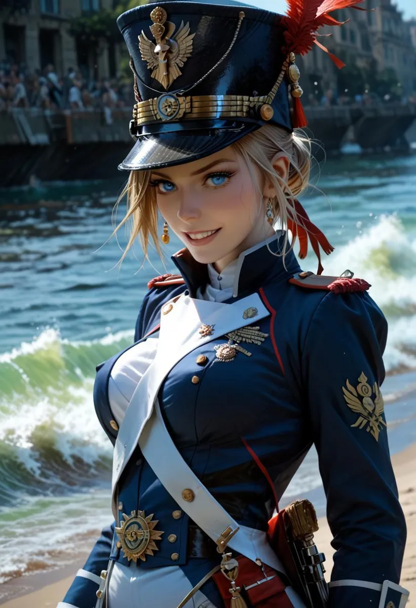 A supermodel in a detailed French military uniform winks and smiles by a riverside.