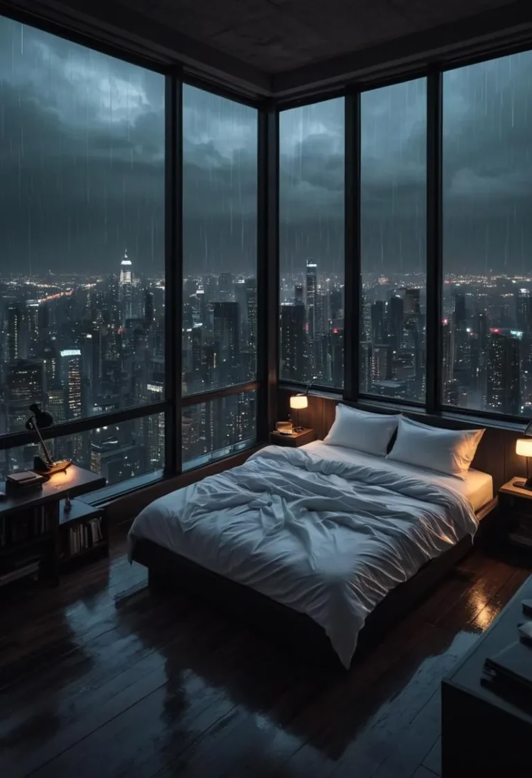 A cozy bedroom with floor-to-ceiling glass windows overlooking a cyberpunk city, featuring white bedsheets and a thunderstorm outside.