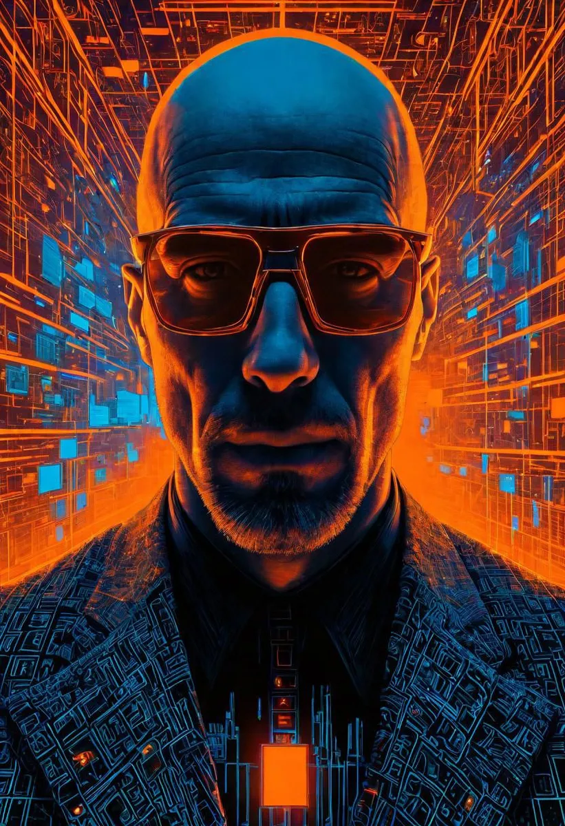 Portrait of Morpheus in a neon fractal art style with orange and azure colors, inspired by EC Comics.