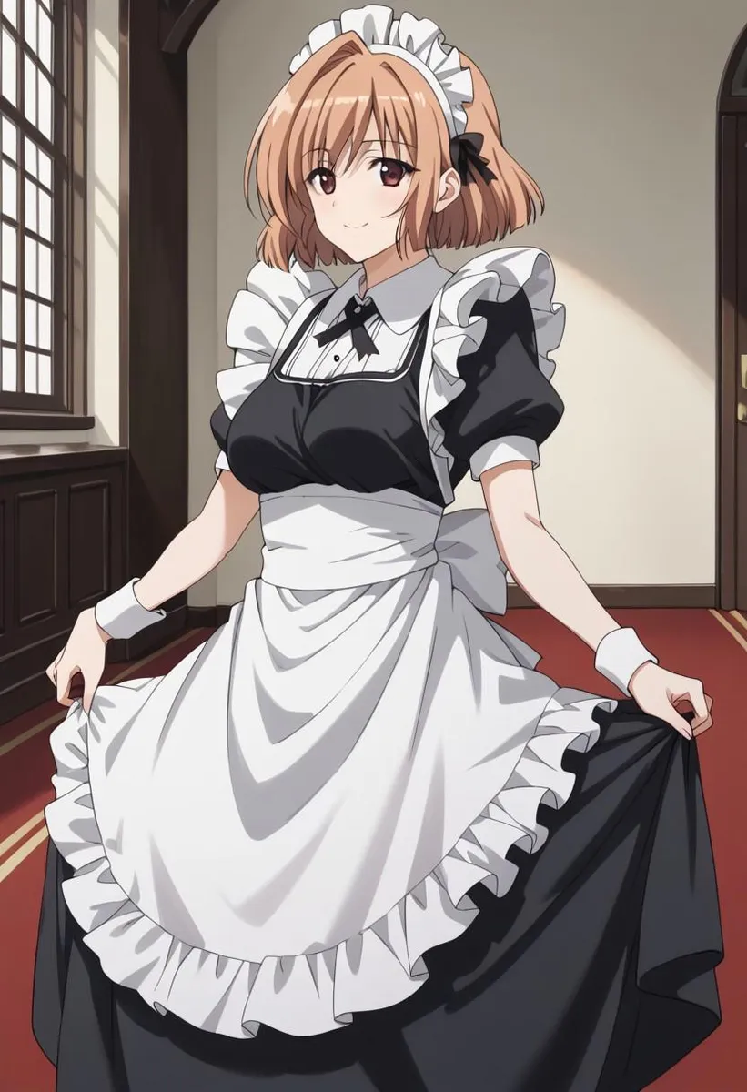 Anime maid with orange hair and red eyes in a mansion.