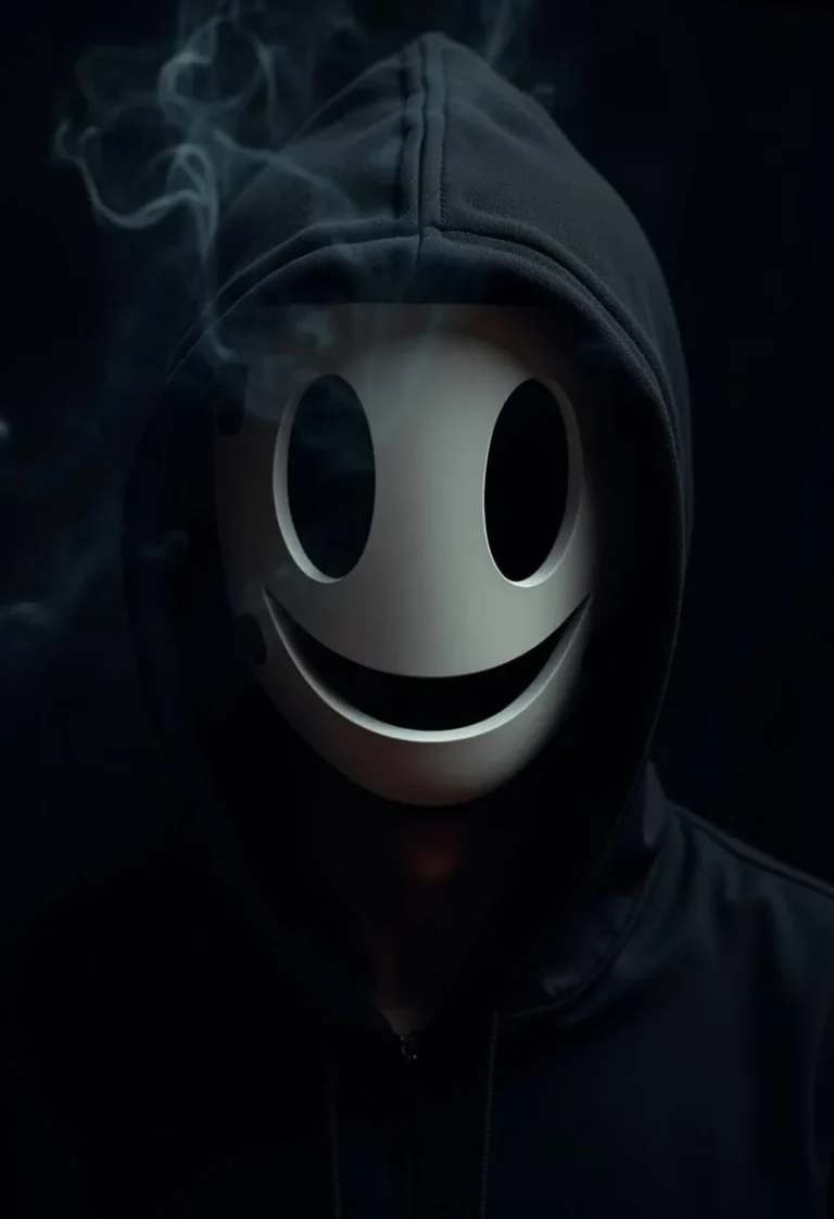 Close-up of a man wearing a highrise mask, creating a mysterious atmosphere with a black background and white smoke.