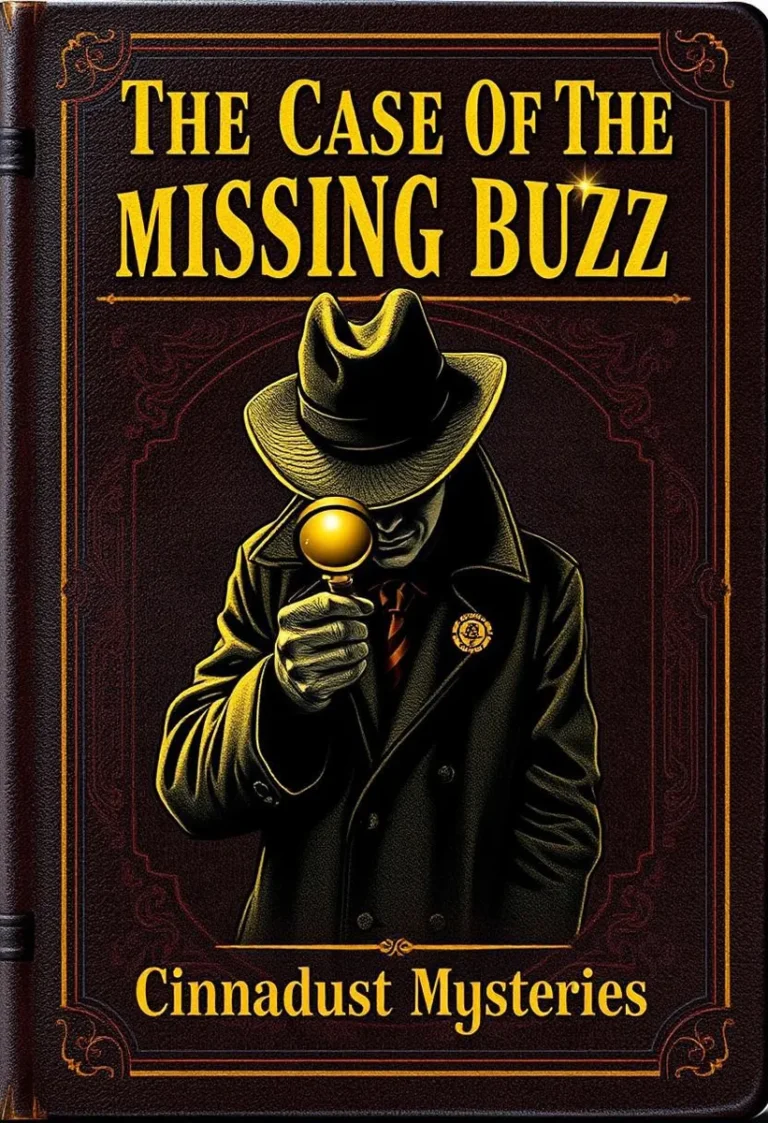 Mystery novel cover titled 'The Case Of The Missing Buzz' featuring a detective in a trench coat and fedora with a magnifying glass.