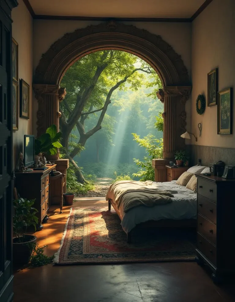 A mythical forest portal in a messy bedroom using a telephoto lens.