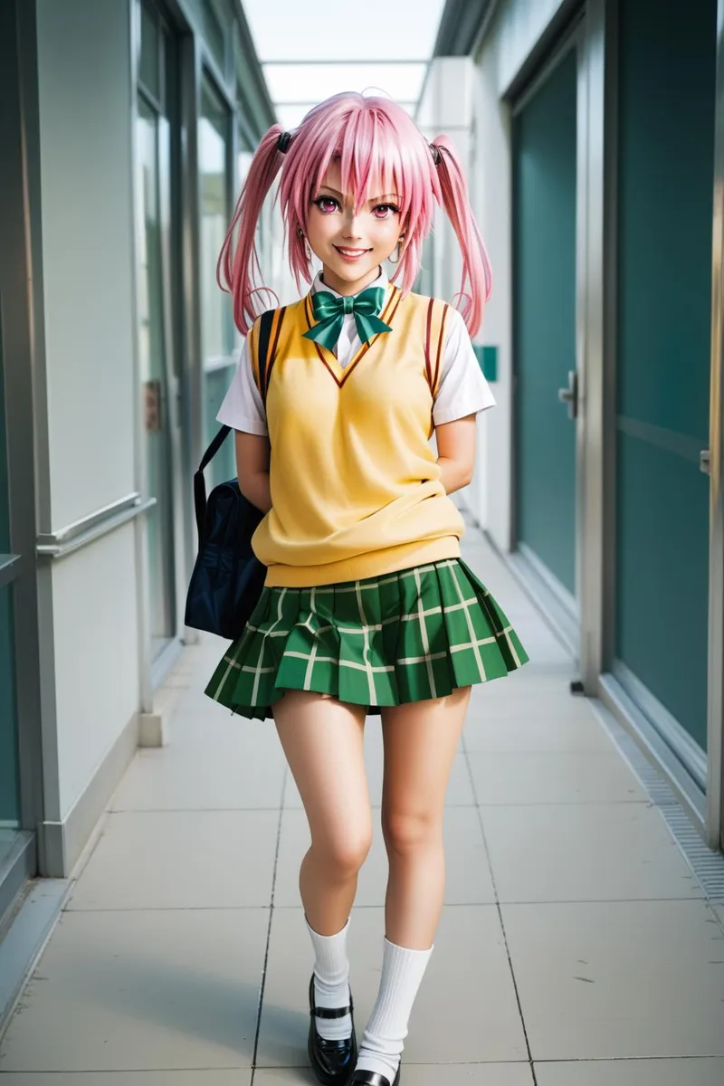 Anime-style girl with pink hair and a school uniform, smiling.