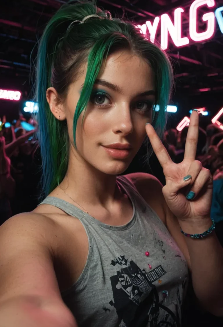 Woman with blue and green hair taking a selfie at a concert with neon lights in the background.