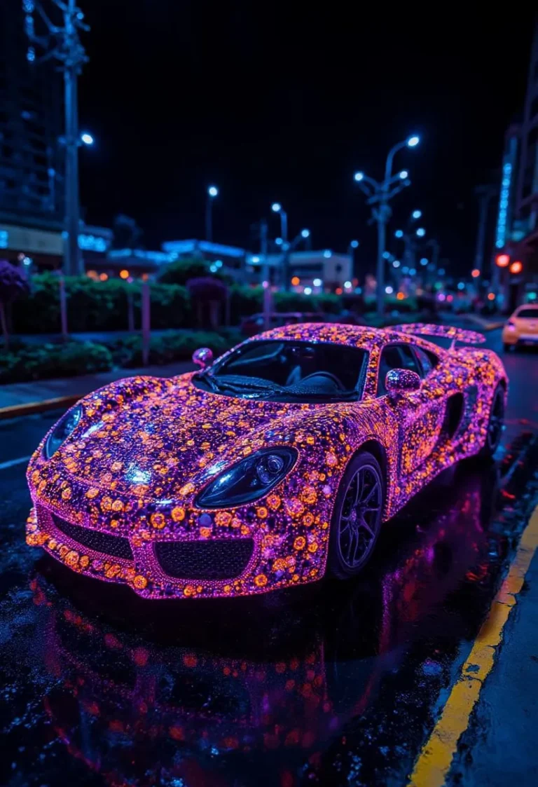 A supercar covered in glowing neon mold under city nightlife lights.