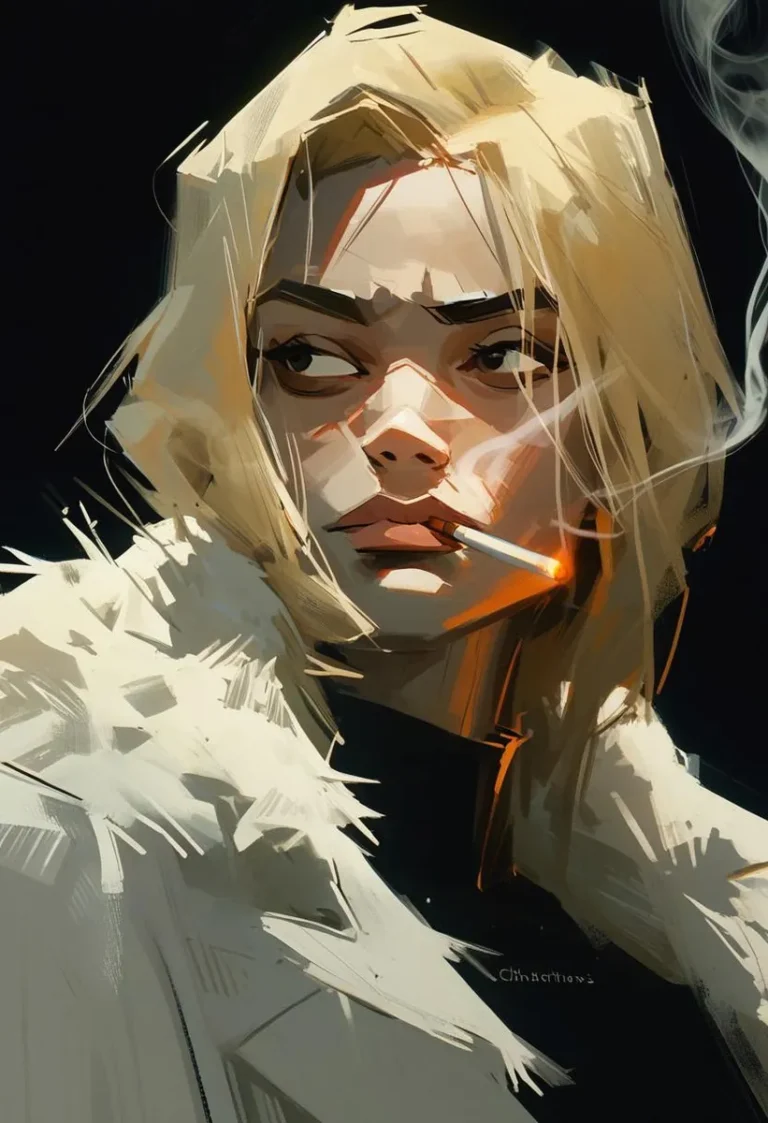 Digital painting of a skeptical blonde woman in a white fur coat, smoking, with a noir style and high contrast.