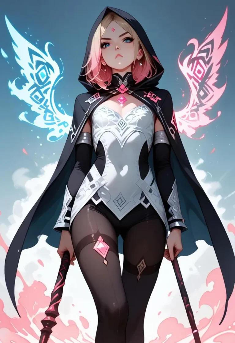 Nordic girl with blonde and pink hair, blue eyes, in a black cape and hood, holding a magic staff with glowing runes and wings.