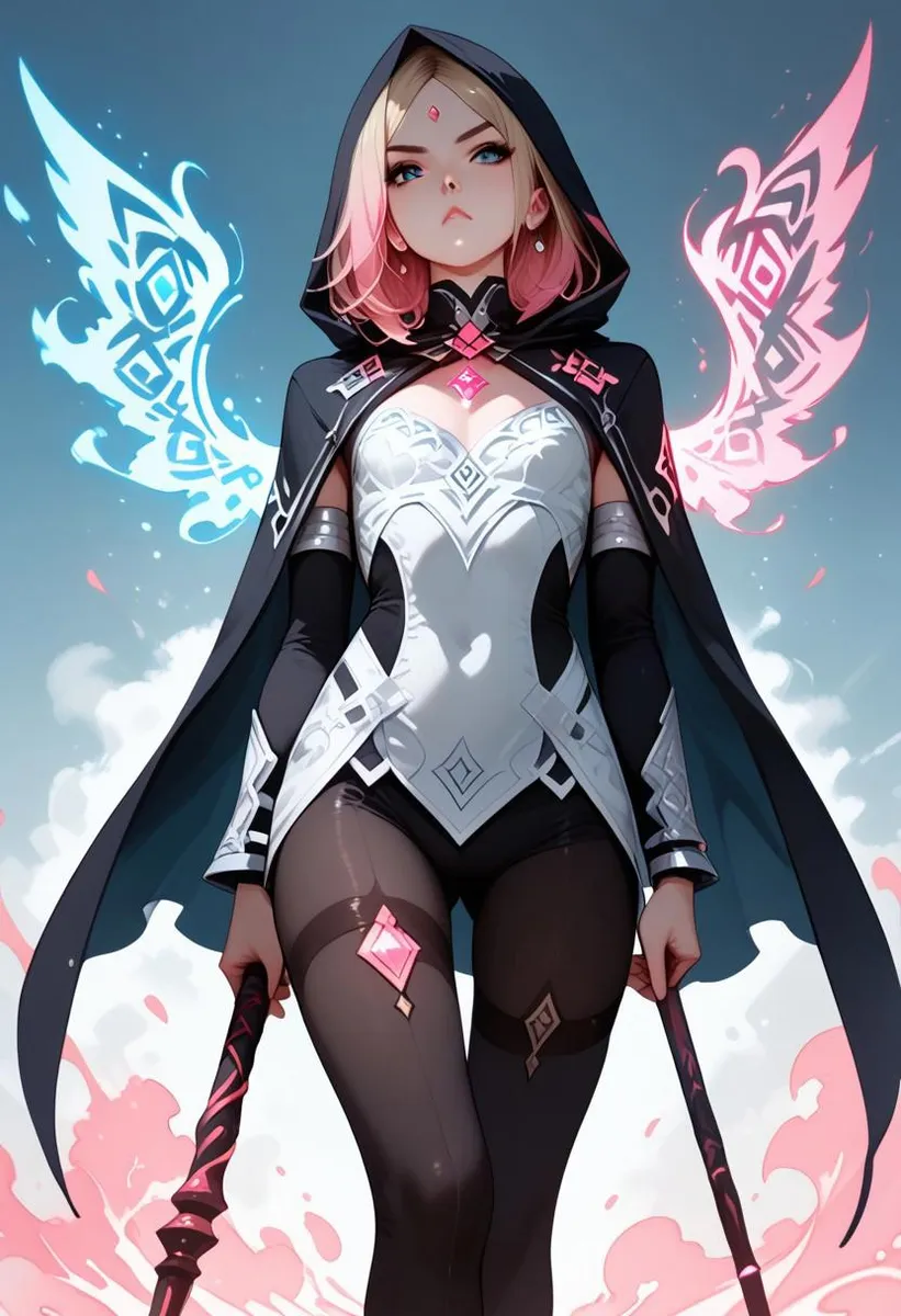 Nordic girl with blonde and pink hair, blue eyes, in a black cape and hood, holding a magic staff with glowing runes and wings.