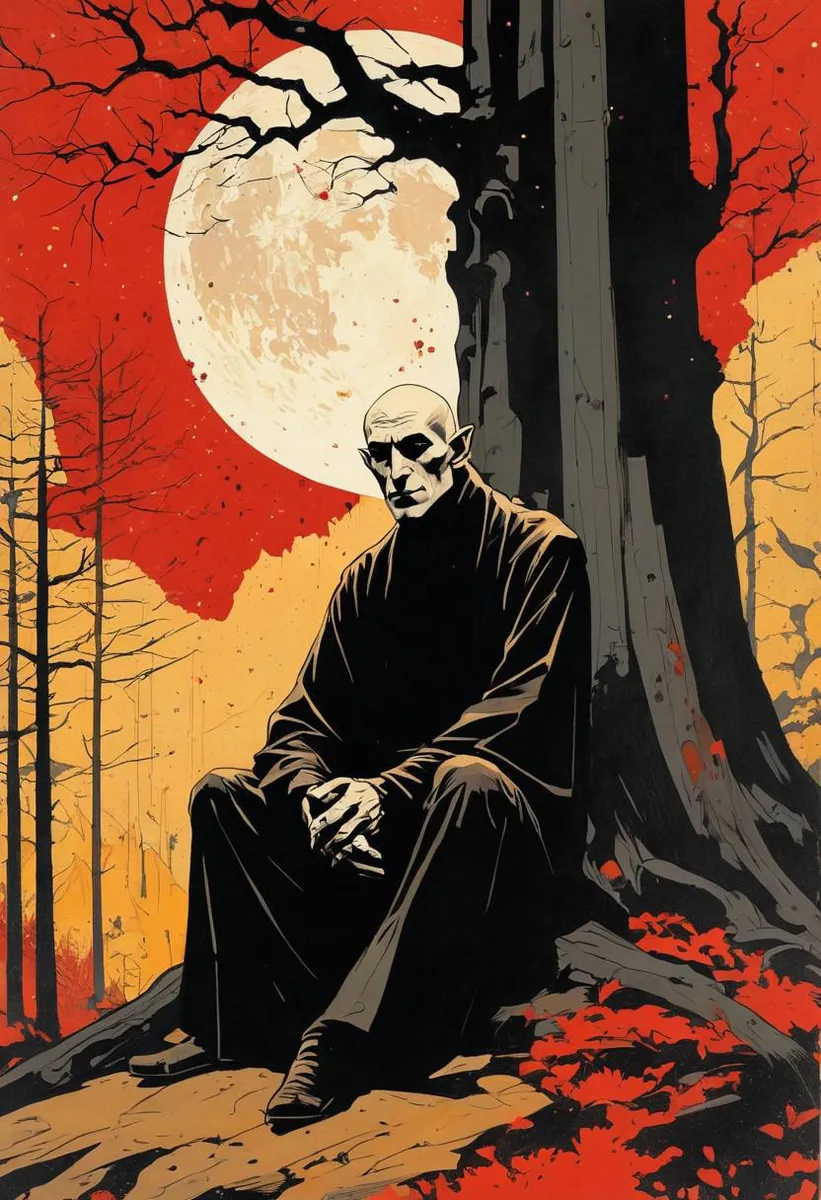 Vampire lord Nosferatu sitting under a tree in a forest, meditating with closed eyes, surrounded by warm colors and an ink-spattered background.