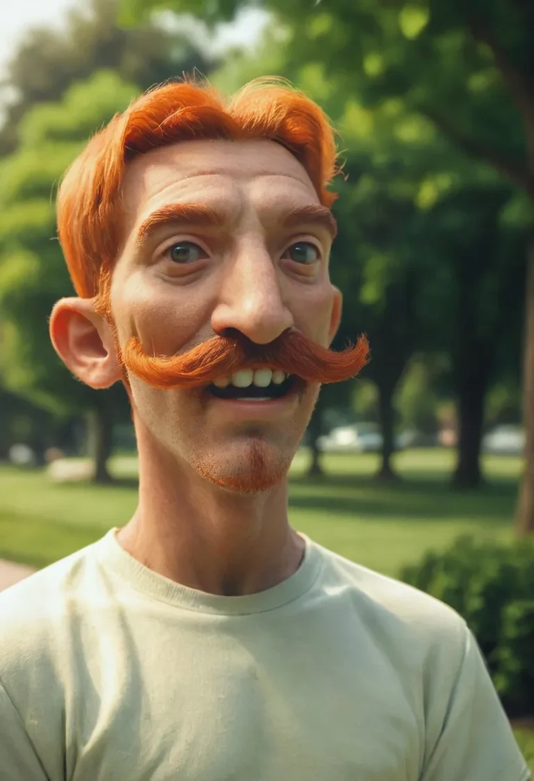 Portrait of a man with orange hair and mustache in a park.