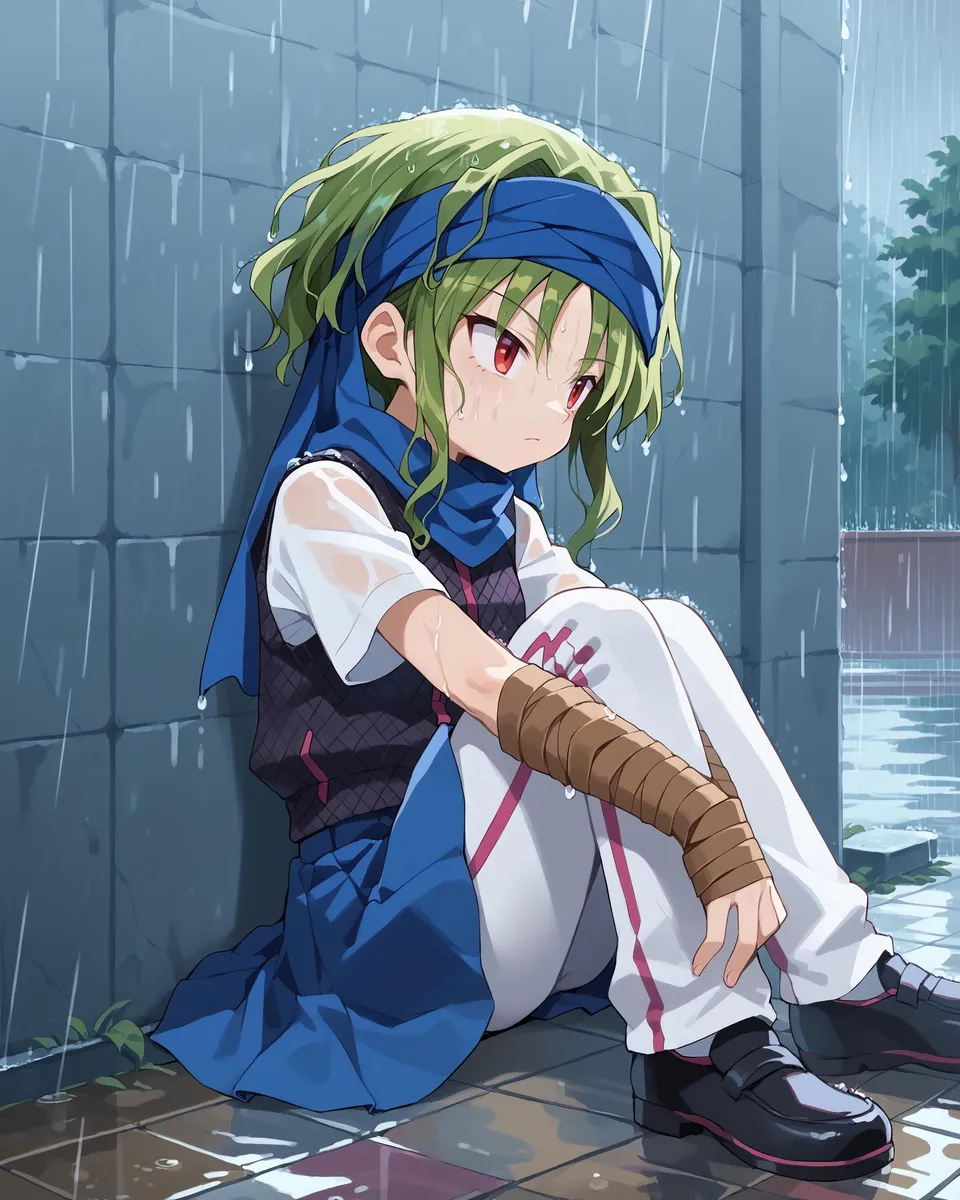 Anime girl with green hair and red eyes sitting in the rain, wearing a purple outfit.