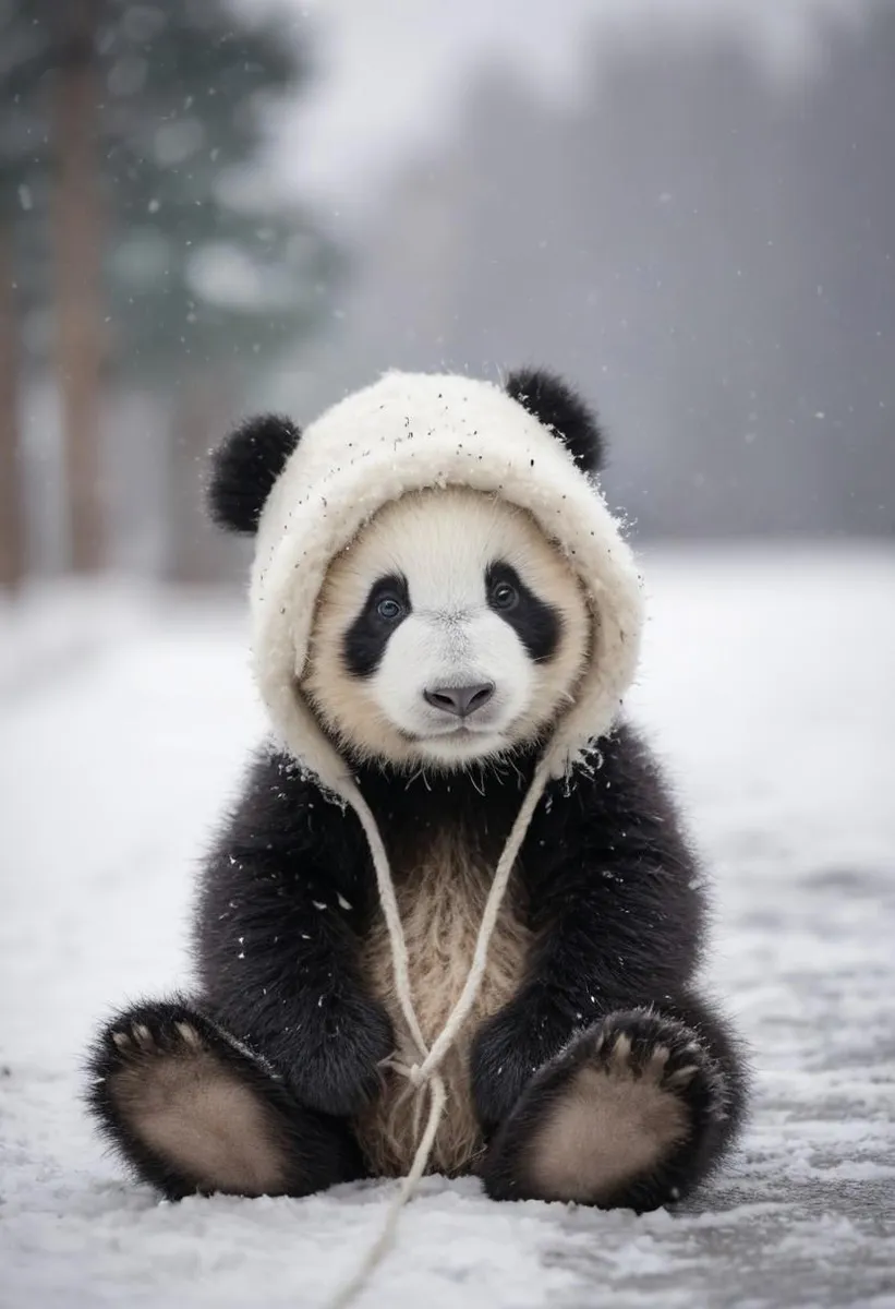 Close-up of a baby panda bear sitting on a snowy sidewalk wearing a winter hat with ear flaps.