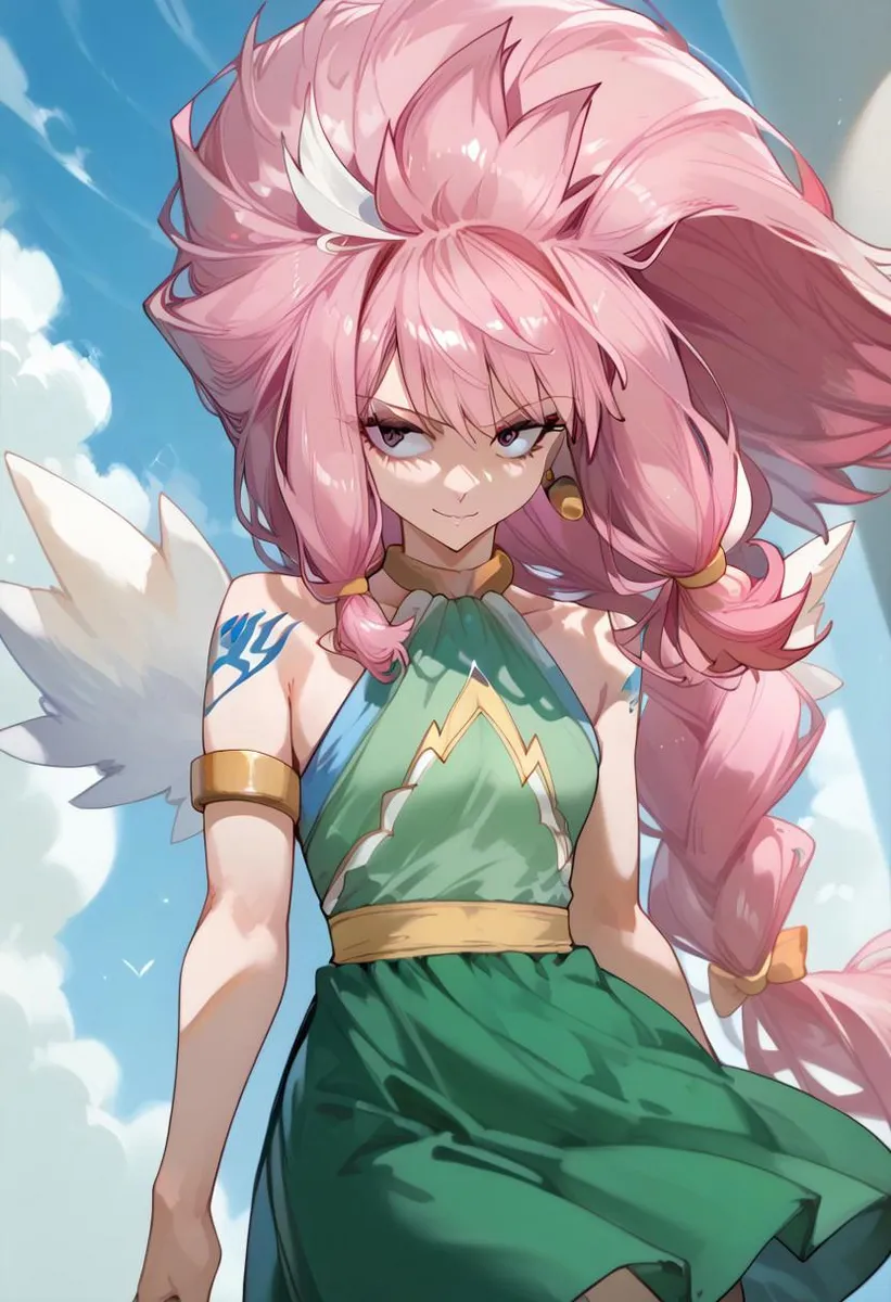 Anime character with pink spiked hair, green sleeveless dress, and white wings against a blue sky.