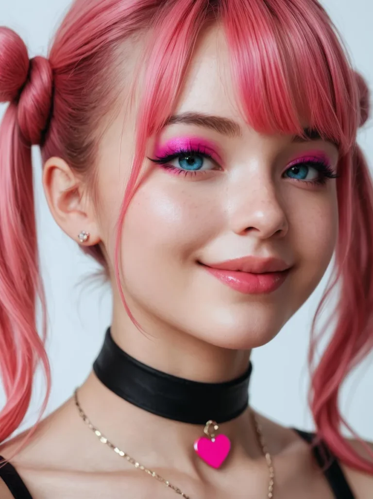 Girl with pink hair in pigtail buns, wearing vibrant eyeshadow and a choker, smiling confidently.