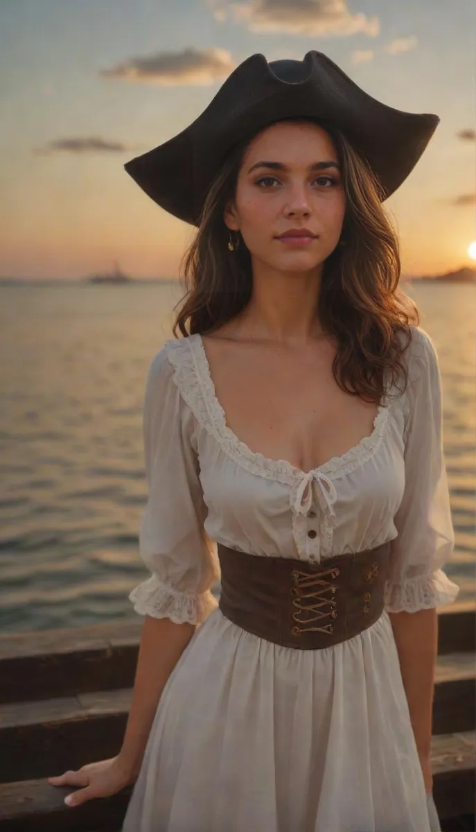 Cute pirate girl in full pirate dress at sunrise with a boat port background.