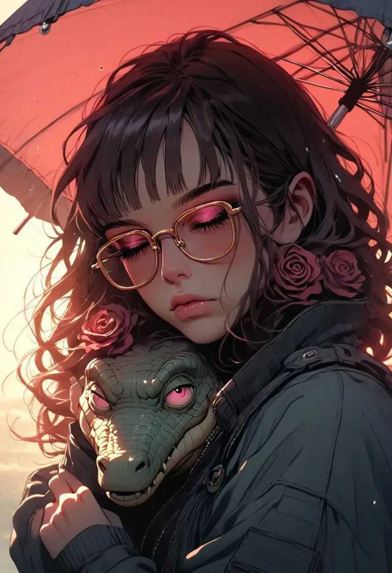 Digital art of a woman in profile wearing glasses, holding a small crocodile, under an umbrella in a day sky.