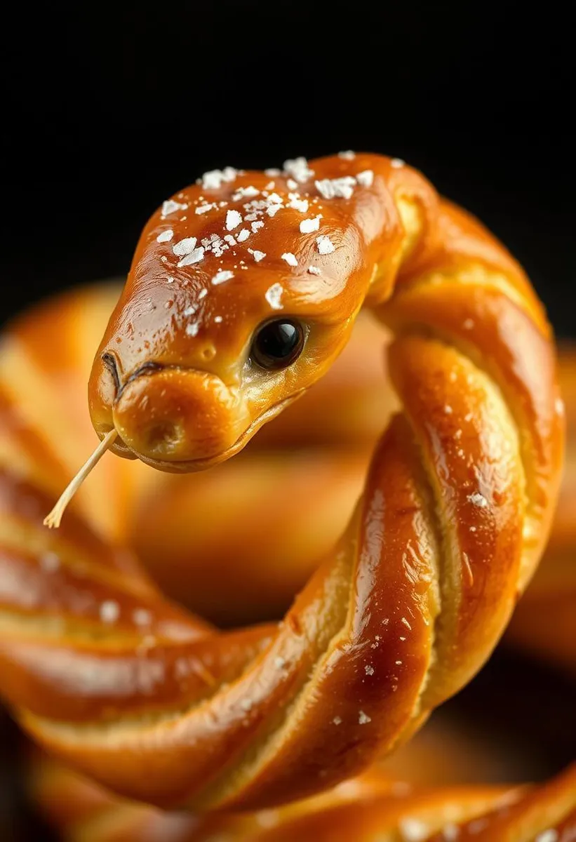 Hyper-realistic snake made entirely of fluffy pretzel dough, topped with salt crystals.