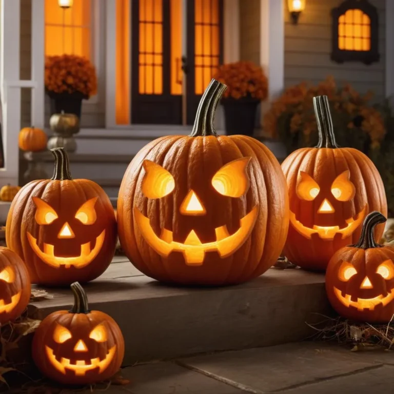 Glowing carved jack-o'-lanterns on a porch for Halloween.