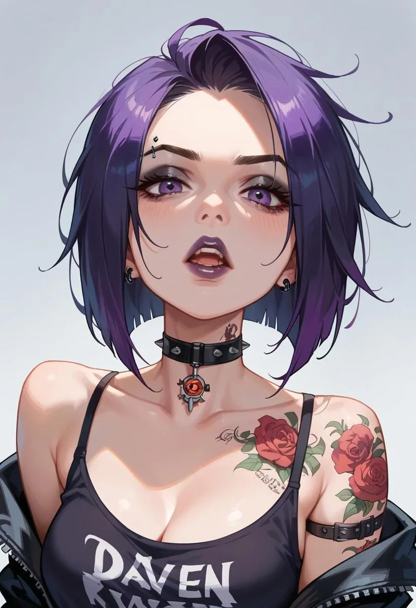 Anime-inspired punk girl with purple hair, choker, and tattoos.