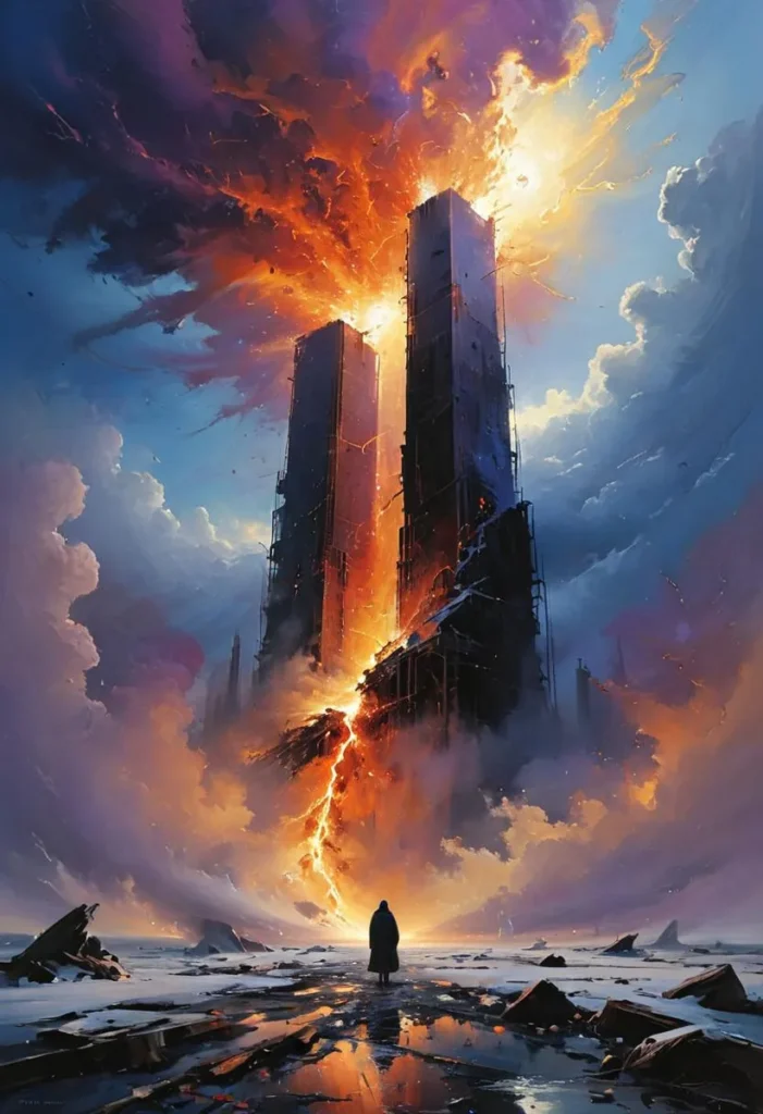 Atmospheric surreal landscape with towering structures and vibrant sky.