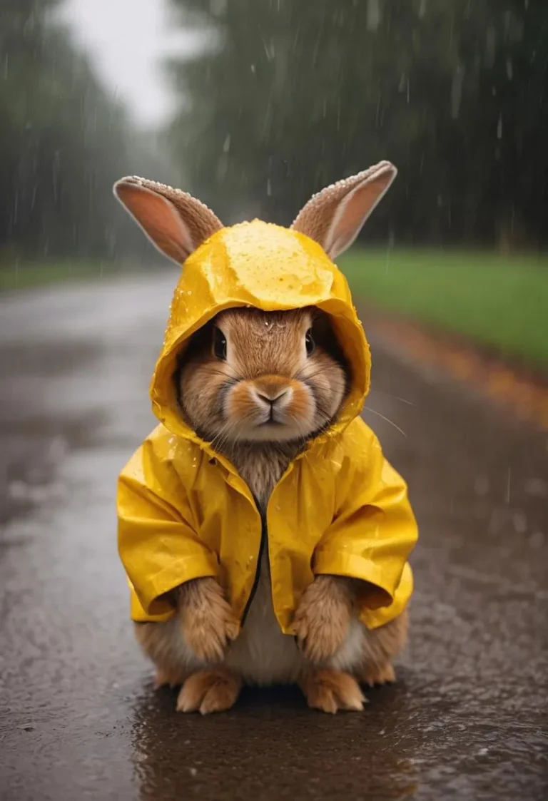 Adorable brown rabbit in yellow raincoat and hat on rainy sidewalk.