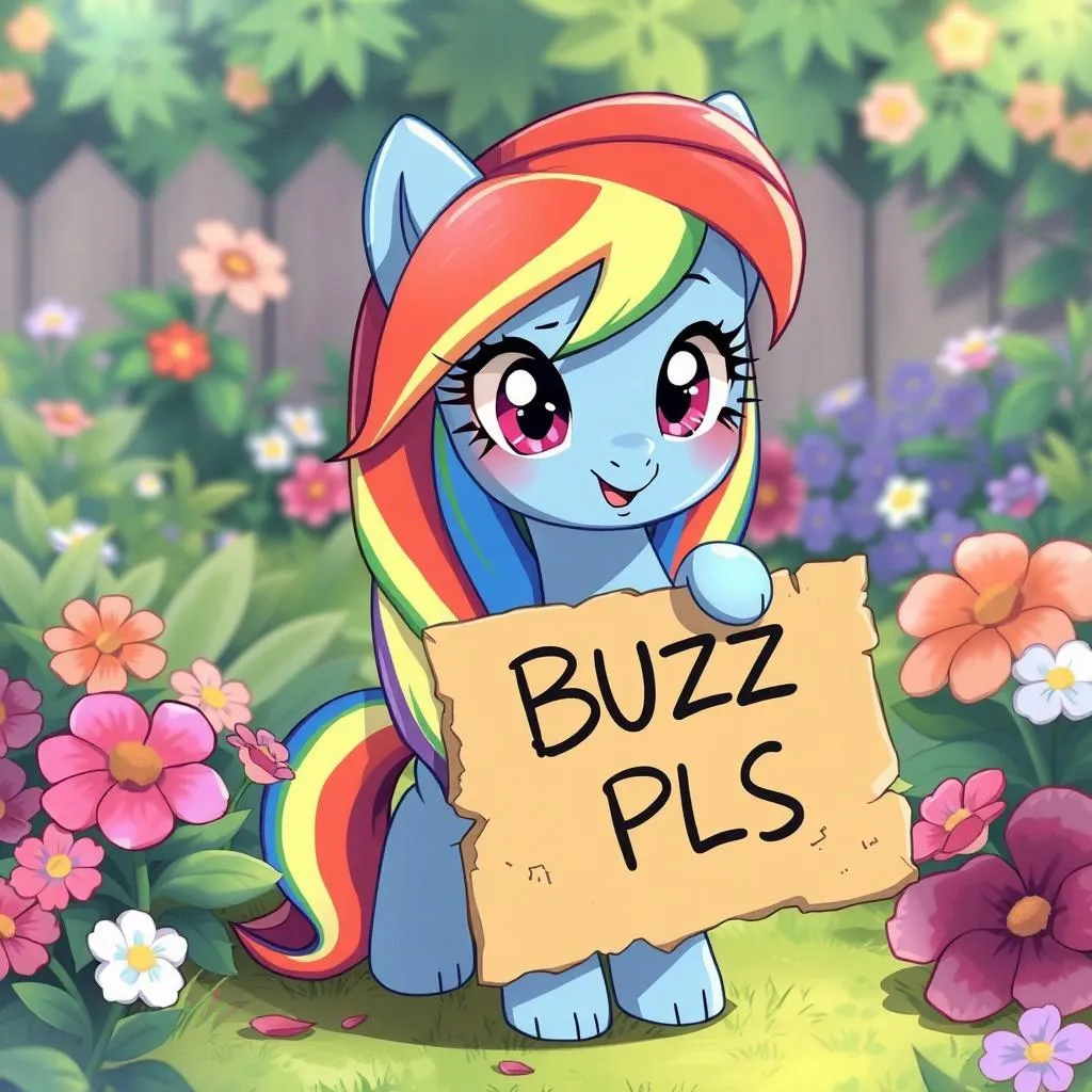 Rainbow Dash in a garden, holding a torn cardboard sign with 'BUZZ PLS', drawn in anime kawaii style.