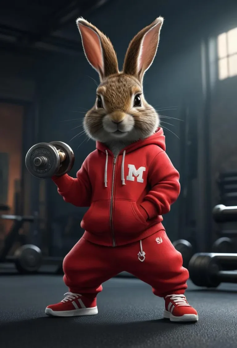 Fuzzy Rapper bunny in a red hip-hop suit holding a dumbbell in a fitness studio.