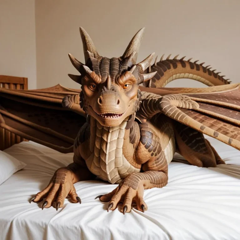 A realistic dragon with brown scales and horns lounging on a bed, featuring detailed wings and claws, exuding a smiling and seductive expression.