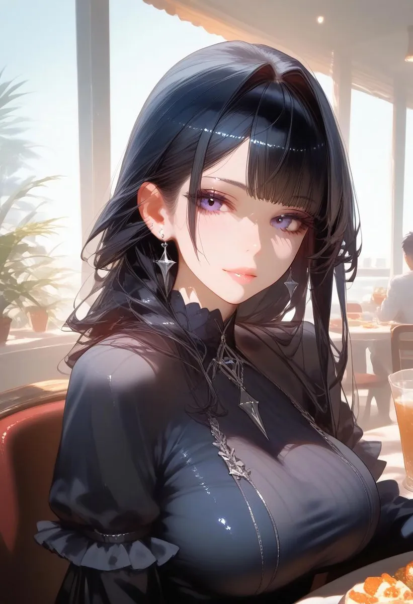 Beautiful girl with black hair and goth dress in a sunlit cafe.