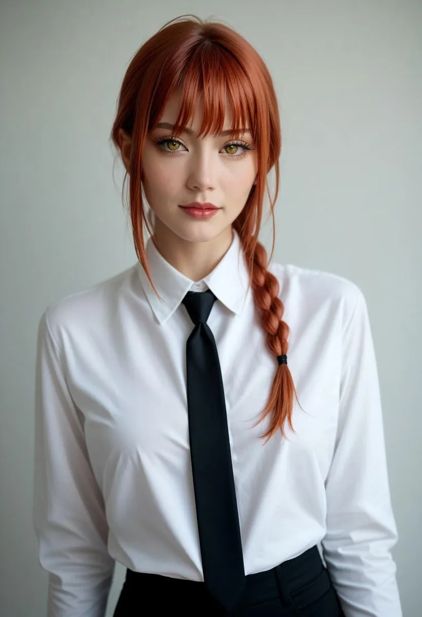 Photorealistic image of a woman with red braided hair and yellow eyes, dressed in a white shirt and black tie.