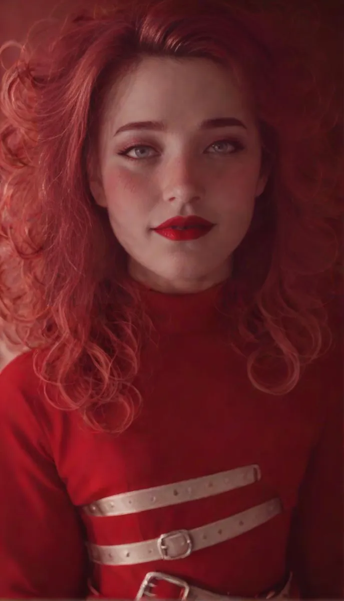 Woman with red hair and glittered red dress, silver eyes, red makeup, in a romantic setting with a seductive gaze.